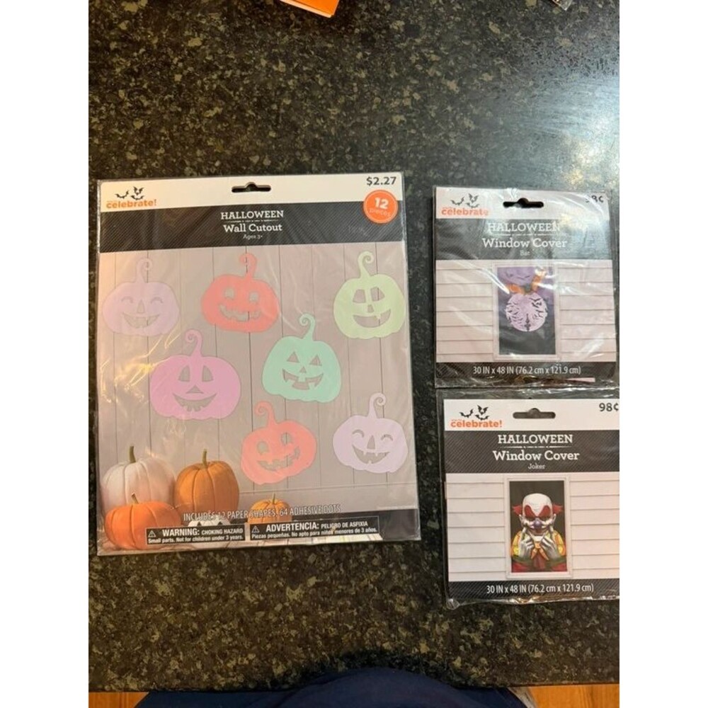 Halloween Decor 3-Pc Bundle Pumpkin Wall Cutouts Bat & Joker Window Covers (NEW)